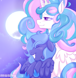 Size: 1879x1933 | Tagged: safe, artist:mushy, imported from derpibooru, princess celestia, princess luna, alicorn, pony, duo, female, g4, mare, moon, royal sisters, s1 luna, siblings, sisters, smiling, young, young luna, younger