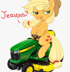 Size: 1879x1933 | Tagged: safe, artist:mushy, imported from derpibooru, applejack, earth pony, pony, apple, chest fluff, female, food, john deere, lawn mower, mare, open mouth, riding, simple background, sitting, smug, solo, sweat, talking, white background