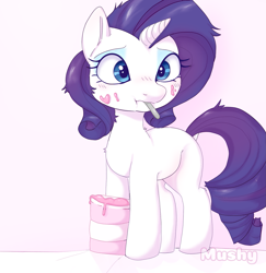 Size: 1879x1933 | Tagged: safe, artist:mushy, imported from derpibooru, rarity, pony, unicorn, bed hair, blushing, caught, food, ice cream, simple background, solo