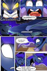 Size: 732x1091 | Tagged: safe, artist:candyclumsy, imported from derpibooru, princess luna, alicorn, dragon, ghost, pony, comic:luna's cronenberg, alicorn princess, angry, book, canterlot, canterlot castle, comic, commissioner:bigonionbean, dream, dream walker luna, ethereal mane, ethereal tail, falling, female, force feeding, forced, gagging, glowing, glowing eyes, gritted teeth, hooves, horn, jewelry, magic, mare, panicking, regalia, screaming, spirit, swallow, swallowing, tail, terrified, wings, writer:bigonionbean