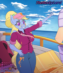 Size: 1936x2225 | Tagged: safe, artist:thehuskylord, imported from derpibooru, anthro, spoiler:g5, spoiler:my little pony: tell your tale, spoiler:tyts01e02, bay, big breasts, breasts, busty fifi (g5), clothes, cloud, fifi (g5), g5, glasses, hat, jeans, messy, my little pony: tell your tale, nervous, ocean, pants, ponytail, shirt, smiling, tight clothing, uniform, water, zipp's flight school