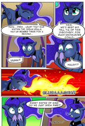 Size: 732x1091 | Tagged: safe, artist:candyclumsy, imported from derpibooru, princess luna, alicorn, pony, comic:luna's cronenberg, alicorn princess, book, canterlot, canterlot castle, comic, commissioner:bigonionbean, ethereal mane, female, fire, fire breath, hooves, horn, jewelry, laughing, magic, mare, panicking, puffy cheeks, reading, regalia, relieved, shocked, shocked expression, snorting, solo, steam, wings, writer:bigonionbean