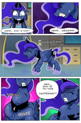 Size: 1800x2740 | Tagged: safe, artist:candyclumsy, imported from derpibooru, princess luna, alicorn, pony, comic:luna's cronenberg, alicorn princess, canterlot, canterlot castle, comic, commissioner:bigonionbean, ethereal mane, ethereal tail, female, gritted teeth, high res, hooves, horn, jewelry, magic, mare, panicking, pony to dragon, regalia, shocked, shocked expression, sweat, swelling, tail, transformation, transformation sequence, vein, vein bulge, wings, writer:bigonionbean