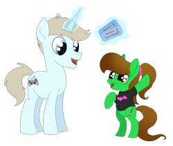 Size: 2048x1732 | Tagged: safe, artist:dyonys, imported from derpibooru, oc, oc only, oc:astro velvet, oc:lucky brush, earth pony, pony, unicorn, batman, batmare, bipedal, brother and sister, clothes, duo, earth pony oc, female, filly, foal, freckles, full body, glowing, glowing horn, hooves, horn, looking at someone, magic, male, open mouth, open smile, ponytail, raised hoof, shirt, siblings, simple background, size difference, smiling, stallion, standing, t-shirt, tail, telekinesis, ticket, transparent background, unicorn oc