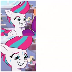 Size: 2160x2160 | Tagged: safe, edit, edited screencap, imported from derpibooru, screencap, zipp storm, pegasus, pony, spoiler:g5, spoiler:my little pony: tell your tale, spoiler:tyts01e04, cropped, female, g5, mare, meme, my little pony: tell your tale, nightmare roommate, offscreen character, reaction image, solo focus, sweat