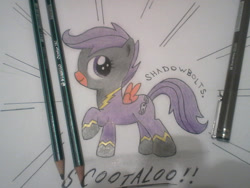 Size: 1024x768 | Tagged: safe, artist:rogerguerrero, imported from derpibooru, scootaloo, pegasus, pony, clothes, costume, female, filly, foal, looking offscreen, pencil, pencil drawing, raised hoof, shadowbolt scootaloo, shadowbolts costume, smiling, solo, text, traditional art, wings