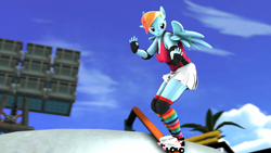 Size: 1920x1080 | Tagged: safe, artist:cyberothedge, imported from derpibooru, rainbow dash, anthro, pegasus, 3d, clothes, fingerless gloves, gloves, nexgen, roller skates, skate park, skating, skirt, solo, source filmmaker, spread wings, tanktop, wings