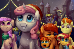 Size: 1274x854 | Tagged: safe, artist:jewellier, artist:lummh, imported from derpibooru, derpy hooves, stellar flare, sunburst, sunset shimmer, pegasus, pony, unicorn, comic:the princess of love, brother and sister, clothes, colt, colt sunburst, female, filly, filly sunset shimmer, foal, grin, looking up, male, scarf, siblings, smiling, snow, snowfall, sunny siblings, sunspot (g4), winter, younger