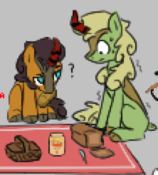 Size: 333x369 | Tagged: safe, artist:alexi148, imported from derpibooru, forest fall, pumpkin smoke, kirin, aggie.io, bread, duo, food, kirin beer, male, minecraft, picnic, picnic blanket, pixelated, question mark, shivering, sweat