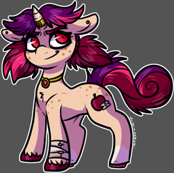 Size: 1036x1027 | Tagged: safe, artist:sexygoatgod, imported from derpibooru, oc, oc only, oc:razor spice, pony, unicorn, bags under eyes, colored hooves, ear piercing, evil grin, female, filly, foal, grin, horn, horn jewelry, jewelry, necklace, offspring, parent:oc:banshee bye, parent:oc:candy crack, parents:oc x oc, piercing, pigtails, smiling, solo, unshorn fetlocks