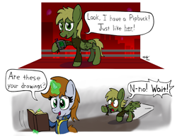 Size: 1799x1390 | Tagged: safe, artist:ebbysharp, imported from derpibooru, oc, oc:littlepip, oc:murky, pegasus, pony, unicorn, fallout equestria, fallout equestria: murky number seven, fanfic art, magic, pipbuck