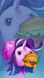 Size: 1500x2652 | Tagged: safe, alternate version, artist:zazush-una, imported from derpibooru, starlight glimmer, pony, unicorn, beanie, burger, bust, collaboration, collaboration:choose your starlight, desktop, desktop background, female, food, glare, hat, majestic as fuck, mare, mouth hold, nom, nose wrinkle, portrait, solo, wallpaper, zoom layer