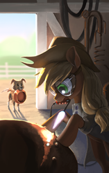 Size: 1838x2925 | Tagged: safe, artist:nadnerbd, imported from derpibooru, applejack, winona, dog, earth pony, pony, fanfic:contraptionology!, barn, blowtorch, bowl, cowboy hat, equipment, fanfic art, focused, goggles, hat, high res, mouth hold, safety goggles, stetson, working