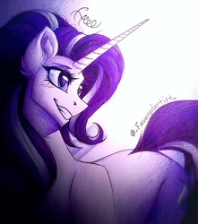 Size: 906x1024 | Tagged: safe, artist:favoredartist, imported from derpibooru, starlight glimmer, pony, unicorn, female, gradient background, grin, horn, looking back, mare, signature, smiling, solo, traditional art
