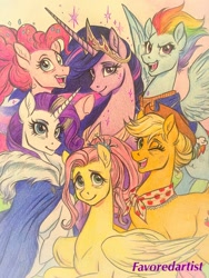 Size: 768x1024 | Tagged: safe, artist:favoredartist, imported from derpibooru, applejack, fluttershy, pinkie pie, rainbow dash, rarity, twilight sparkle, alicorn, earth pony, pegasus, pony, unicorn, the last problem, applejack's hat, cape, clothes, cowboy hat, crown, female, granny smith's shawl, group, hat, horn, jewelry, lidded eyes, looking at you, mane six, mare, older, older applejack, older fluttershy, older mane six, older pinkie pie, older rainbow dash, older rarity, older twilight, one eye closed, open mouth, peytral, princess twilight 2.0, raised hoof, regalia, scarf, skunk stripe, smiling, sparkles, spread wings, twilight sparkle (alicorn), uniform, wings, wink, winking at you