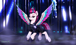 Size: 2000x1200 | Tagged: safe, artist:darksly, imported from derpibooru, tempest shadow, zipp storm, pegasus, pony, alternate hairstyle, alternate universe, armor, crossover, eye scar, female, g5, hoof shoes, mare, raised hoof, scar, solo