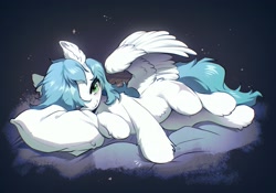 Size: 2048x1431 | Tagged: safe, artist:swaybat, imported from derpibooru, oc, oc only, oc:cynosura, pegasus, pony, bed, ear fluff, female, fluffy, green eyes, hoof fluff, leg fluff, looking at you, lying down, mare, on side, partially open wings, pillow, solo, spread wings, white coat, wing fluff, wings