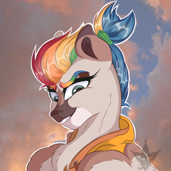 Size: 1280x1280 | Tagged: safe, artist:arlekinarts, imported from derpibooru, oc, oc only, pegasus, pony, bust, chest fluff, clothes, cloud, eyelashes, female, mare, multicolored hair, outdoors, pegasus oc, rainbow hair, smiling, solo, wings