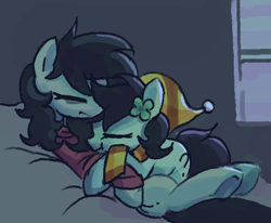Size: 562x462 | Tagged: safe, artist:plunger, oc, oc only, oc:filly anon, earth pony, pony, bags under eyes, bed, clothes, clover, cuddling, earth pony oc, eyes closed, female, filly, four leaf clover, hat, hoodie, laying on bed, on bed, scarf, underhoof, window