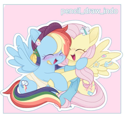 Size: 719x672 | Tagged: safe, artist:pencil_draw_indo, imported from derpibooru, fluttershy, rainbow dash, pegasus, pony, aesthetics, baseball cap, blushing, cap, clothes, cute, daaaaaaaaaaaw, dashabetes, duo, duo female, eyes closed, female, happy, hat, hug, mare, open mouth, scarf, shyabetes