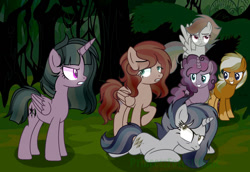 Size: 1280x880 | Tagged: safe, artist:picturewithsound, imported from derpibooru, oc, oc only, oc:cloudy crystal, oc:diluted rainbow, oc:forest magic, oc:shyblossom, oc:sweet party, oc:trendy star, alicorn, earth pony, pegasus, pony, unicorn, angry, base used, everfree forest, female, forest, gritted teeth, lidded eyes, magical lesbian spawn, mare, next generation, offspring, parent:applejack, parent:big macintosh, parent:dumbbell, parent:fluttershy, parent:pinkie pie, parent:rainbow dash, parent:rarity, parent:sugar belle, parent:thunderlane, parent:timber spruce, parent:trenderhoof, parent:twilight sparkle, parents:dumbdash, parents:fluttermac, parents:rarilane, parents:sugarpie, parents:timbertwi, parents:trenderjack, smiling