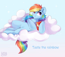 Size: 1280x1120 | Tagged: safe, artist:lazybread, imported from derpibooru, rainbow dash, pegasus, pony, candy, chest fluff, cloud, cute, dashabetes, ear fluff, eating, female, food, lying down, mare, on a cloud, on back, skittles, solo