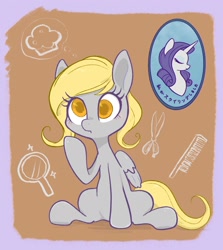 Size: 1869x2098 | Tagged: safe, artist:noupu, imported from derpibooru, derpy hooves, rarity, pegasus, pony, alternate hairstyle, brown background, colored pupils, comb, cute, derpabetes, female, food, hand mirror, mare, muffin, scissors, simple background, sitting, solo, thought bubble