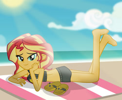 Size: 1024x839 | Tagged: safe, artist:emeraldblast63, imported from derpibooru, sunset shimmer, equestria girls, equestria girls series, forgotten friendship, ass, bare shoulders, barefoot, beach towel, breasts, bunset shimmer, busty sunset shimmer, butt, clothes, feet, female, sandals, shoes removed, sleeveless, solo, sunset shimmer's beach shorts swimsuit, swimsuit, the pose