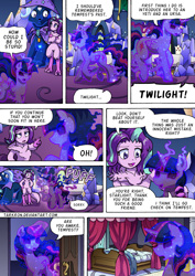 Size: 1204x1700 | Tagged: safe, artist:tarkron, imported from derpibooru, spike, starlight glimmer, storm king, tantabus, tempest shadow, trixie, twilight sparkle, bear, storm creature, unicorn, ursa, ursa minor, yeti, comic:shadows of the past (tarkron), series:creature-verse, my little pony: the movie, bearified, broken horn, cape, clothes, collar, comic, commission, growth, hat, horn, indoors, post traumatic stress disorder, ptsd, scar, size difference, species swap, speech bubble, spoon, tantabus sparkle, tantabusified, trixie's cape, trixie's hat, twilight's castle, ursa trixie