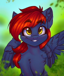 Size: 1600x1900 | Tagged: safe, artist:falafeljake, imported from derpibooru, oc, oc only, oc:firewire, pegasus, pony, blushing, chest fluff, solo