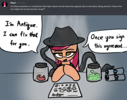 Size: 1978x1553 | Tagged: safe, artist:bumpywish, imported from derpibooru, oc, oc only, oc:antique, earth pony, pony, bedroom eyes, dialogue, digital art, female, hat, looking at you, open mouth, parasite, solo, speech bubble, talking, tentacles, text, this will end in pregnancy