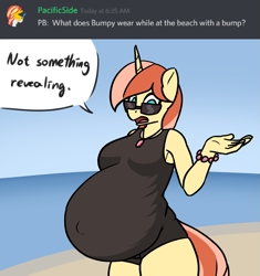 Size: 1819x1937 | Tagged: safe, artist:bumpywish, imported from derpibooru, oc, oc only, oc:bumpy wish, anthro, unicorn, beach, belly, big belly, breasts, clothes, dialogue, digital art, female, horn, one-piece swimsuit, pregnant, solo, speech bubble, sunglasses, swimsuit, tail, talking, text, thighs