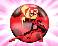 Size: 1884x1500 | Tagged: safe, artist:machakar52, imported from derpibooru, sunset shimmer, equestria girls, adrien agreste, alternate hairstyle, barely eqg related, bodysuit, boots, clothes, cosplay, costume, crossover, female, gloves, mask, miraculous ladybug, mister bug, motorcross, shoes, solo
