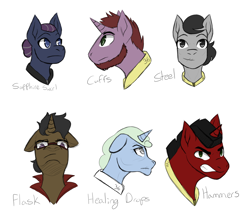 Size: 5000x4320 | Tagged: safe, artist:hiddenfaithy, imported from derpibooru, oc, oc only, oc:cuffs, oc:flask, oc:hammers, oc:healing drops, oc:sapphire swirl, oc:steel, earth pony, pegasus, unicorn, fallout equestria, fallout equestria: uncertain ties, fanfic art, old art, simple background, sketch, text, white background