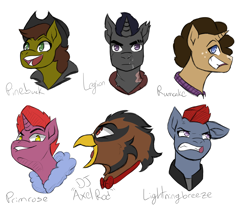 Size: 4680x4026 | Tagged: safe, artist:hiddenfaithy, imported from derpibooru, oc, oc only, oc:dj axel rod, oc:legion, oc:lightingbreeze, oc:pinebuck, oc:primrose, oc:rumcake, earth pony, griffon, pegasus, pony, unicorn, fallout equestria, fallout equestria: uncertain ties, fanfic art, old design, simple background, sketch, text, white background