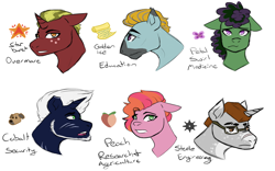 Size: 2000x1250 | Tagged: safe, artist:hiddenfaithy, imported from derpibooru, oc, oc only, oc:cobalt, oc:golden ice, oc:peach, oc:petal swirl, oc:starburst, oc:steele, earth pony, unicorn, fallout equestria, cutie mark, facial hair, fallout equestria: uncertain ties, fanfic art, goggles, scar, simple background, sketch, text, white background