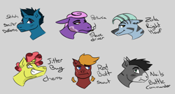 Size: 1384x750 | Tagged: safe, artist:hiddenfaithy, imported from derpibooru, oc, oc only, oc:jitter bug, oc:nails, oc:petunia, oc:red bolt, oc:stitch, oc:zola, earth pony, hybrid, pegasus, pony, unicorn, zony, fallout equestria, broken horn, cigarette, ear piercing, earring, fallout equestria: uncertain ties, fanfic art, horn, jewelry, piercing, scar, simple background, sketch, text