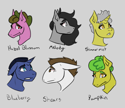 Size: 1200x1040 | Tagged: safe, artist:hiddenfaithy, imported from derpibooru, oc, oc only, oc:blueberry, oc:hazel blossom, oc:melody, oc:pumpkin, oc:shears, oc:shimmermist, earth pony, pony, unicorn, fallout equestria, fallout equestria: uncertain ties, fanfic art, simple background, sketch, text