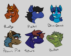 Size: 1150x900 | Tagged: safe, artist:hiddenfaihy, imported from derpibooru, oc, oc only, oc:blue grass, oc:bullet, oc:peacan pie, oc:pistol, oc:rusty, oc:spurs, earth pony, pony, unicorn, fallout equestria, blind, coat markings, fallout equestria: uncertain ties, fanfic art, hat, simple background, sketch, text, yellow eyes