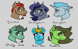 Size: 1576x1000 | Tagged: safe, artist:hiddenfaithy, imported from derpibooru, oc, oc only, oc:artic dew, oc:draftystorm, oc:irontail, oc:mercurydrops, oc:sweetpea, oc:wispy jade, pegasus, pony, unicorn, fallout equestria, coat markings, fallout equestria: uncertain ties, fanfic art, freckles, scar, simple background, sketch, text