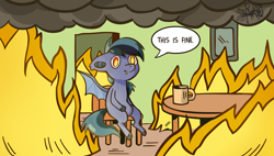 Size: 5092x2893 | Tagged: safe, artist:charlot, imported from derpibooru, oc, oc only, oc:scrimmy, bat pony, pony, bat wings, complex background, cup, fire, heterochromia, meme, parody, smoke, solo, speech bubble, spread wings, this is fine, wings