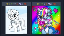 Size: 720x407 | Tagged: safe, artist:heretichesh, artist:umbrapone, imported from derpibooru, oc, oc only, oc:whiteout, pony, unicorn, derpibooru, :o, abstract background, all the colours!, black sclera, bracelet, cheek fluff, chest fluff, clothes, colored hooves, ear fluff, ear piercing, eye clipping through hair, female, filly, foal, green eyes, hairpin, heart, jewelry, juxtaposition, juxtaposition win, leg warmers, long mane, long tail, meme, meta, multicolored hair, muzzle piercing, needs more saturation, nose piercing, nose ring, open mouth, pansexual pride flag, piercing, pride, pride flag, rainbow, rainbow background, rainbow hair, raised hoof, rawr, scarf, scene kid, skull, snow, sparkle pony, sparkles, spiked wristband, striped mane, stripes, tail, teeth, wall of tags, white belly, wristband, x3, yellow eyes