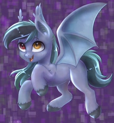 Size: 1895x2048 | Tagged: safe, artist:hellishnya, imported from derpibooru, oc, oc only, oc:scrimmy, bat pony, pony, bat pony oc, bat wings, eyes open, fangs, full body, heterochromia, looking up, open mouth, raised hoof, shiny, simple background, smiling, solo, spread wings, wings