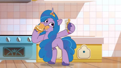 Size: 3410x1920 | Tagged: safe, imported from derpibooru, screencap, izzy moonbow, pony, unicorn, spoiler:g5, spoiler:my little pony: tell your tale, spoiler:tyts01e04, bread, cellphone, eating, female, food, g5, herbivore, high res, jewelry, mare, my little pony: tell your tale, nightmare roommate, phone, puffy cheeks, selfie, smartphone, solo, tiara