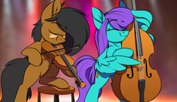 Size: 1666x966 | Tagged: safe, artist:notetaker, imported from derpibooru, oc, oc only, oc:notetaker, oc:swing time, earth pony, pegasus, pony, bipedal, blurry background, double bass, duo, musical instrument, stool, viola, wing hands, wings