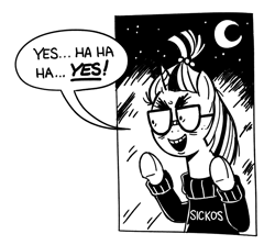 Size: 829x738 | Tagged: safe, artist:mellodillo, imported from derpibooru, moondancer, pony, unicorn, against glass, black and white, crescent moon, female, glass, grayscale, mare, meme, monochrome, moon, ponified meme, reaction image, sicko, sickos, solo, speech bubble, the onion, underhoof, window