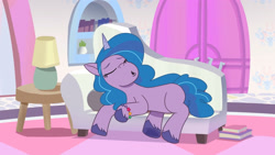Size: 3410x1920 | Tagged: safe, imported from derpibooru, screencap, izzy moonbow, pony, unicorn, spoiler:g5, spoiler:my little pony: tell your tale, spoiler:tyts01e04, :o, couch, eyes closed, female, g5, high res, mare, my little pony: tell your tale, nightmare roommate, open mouth, sleeping, snoring, solo