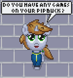 Size: 450x480 | Tagged: safe, artist:nitobit, imported from derpibooru, oc, oc only, oc:littlepip, pony, unicorn, fallout equestria, dialogue, female, filly, foal, looking at you, pixel art, solo