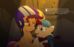 Size: 7113x4500 | Tagged: safe, artist:bearmation, imported from derpibooru, scootaloo, oc, oc:axle flip, pegasus, pony, colt, duo, female, foal, helmet, looking at each other, looking at someone, male, mare, mother and child, mother and son, offspring, older, older scootaloo, open mouth, open smile, parent:scootaloo, scooter, smiling, text