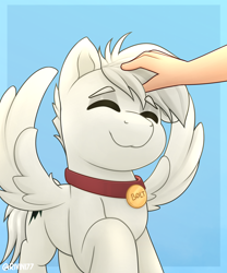 Size: 2000x2400 | Tagged: safe, artist:rivin177, imported from derpibooru, oc, oc:bolt the super pony, pegasus, pony, bolt, collar, commission, head pat, pat, patting, pet, ponified, raised hoof, simple background, solo, your character here